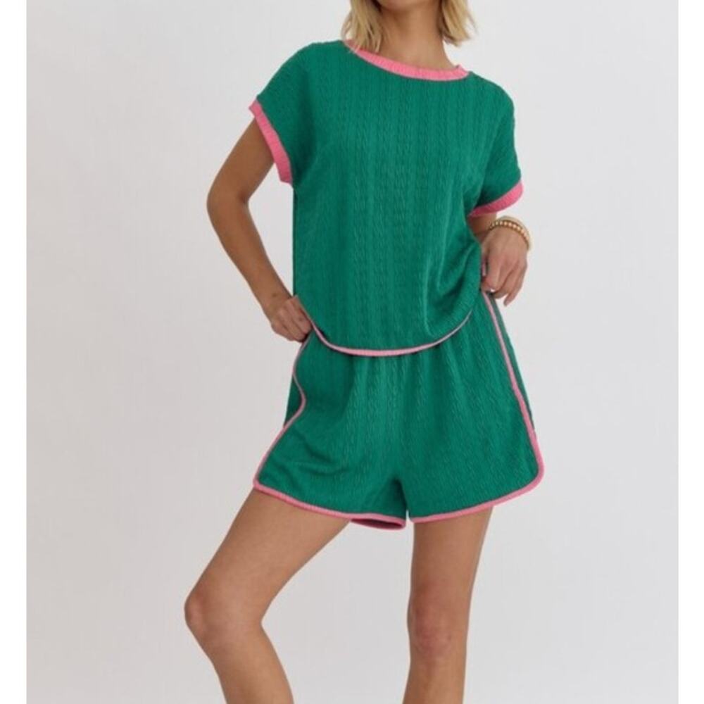 Lovely Melody XL Green Pink Cable Knit 2 Piece Shorts Top Set Preppy